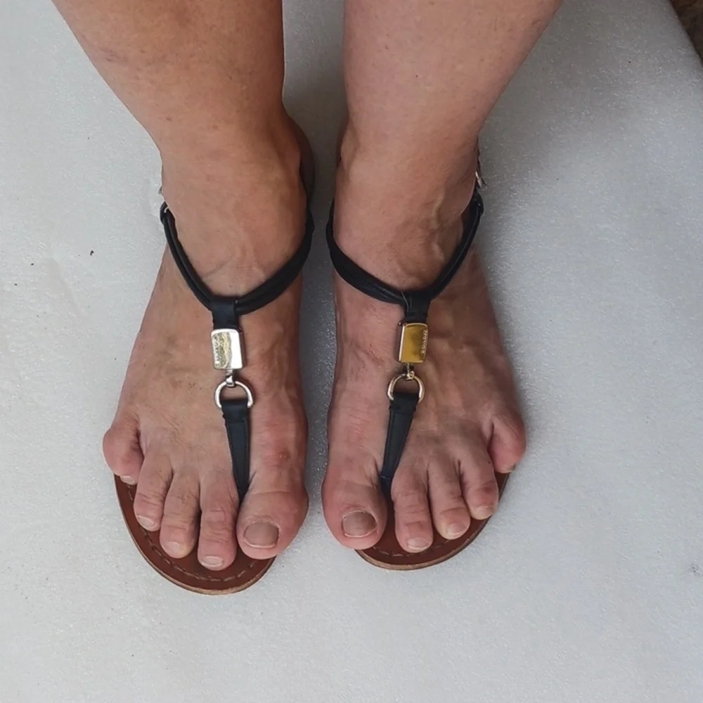 COACH CHARLEEN Black Leather Sandals with Silver Accents
